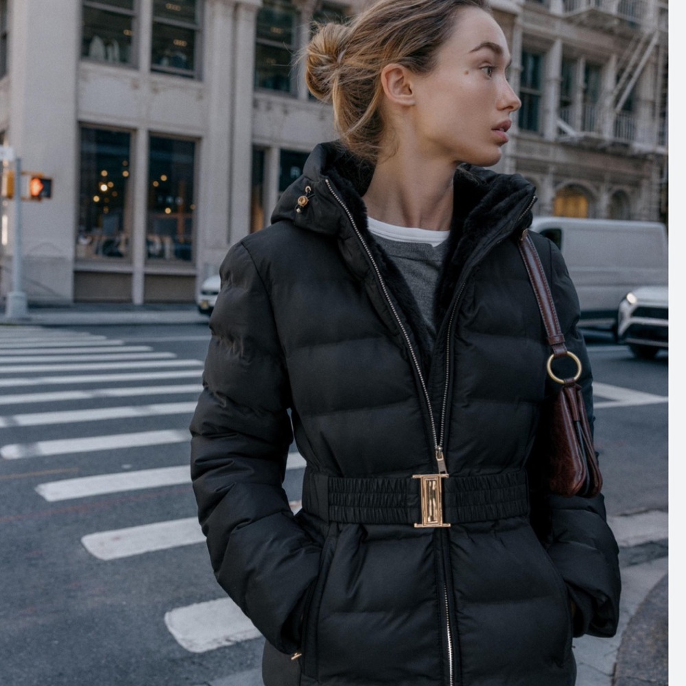 Zara NWT short fitted belted puffer windproof waterproof anorak black 8073/222 - Picture 2 of 10